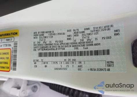 2025 Ford Ranger Xlt z USA, uszkodzony, nr VIN 1FTER4GH5SLE17730